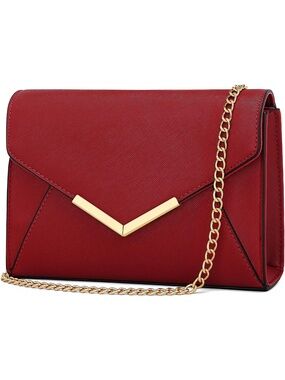 〽️ Women's Red Faux Leather Clutch Purses Metal Chain Crossbody Bags